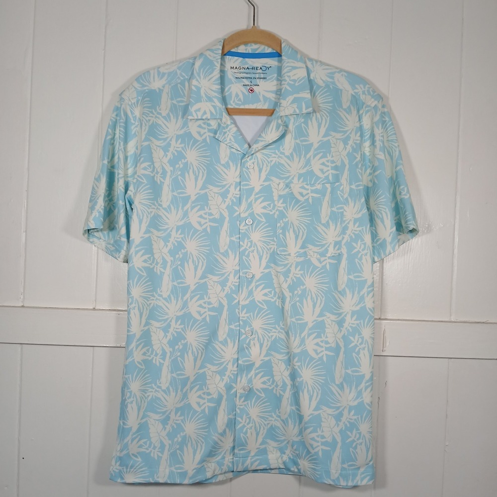 MagnaReady Magnetic Button Down Shirt Mens Small Blue Tropical S25LANDTCHSS